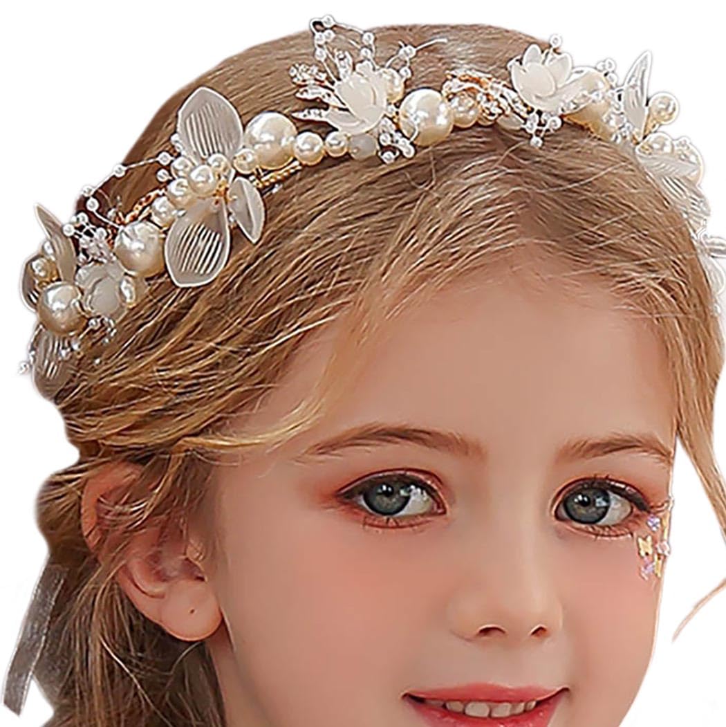 Photo 1 of Campsis Flower Girl Headpiece for Wedding, Pearl Communion Headband, Bridal Hair Accessories for GirlsLPNO408452272
