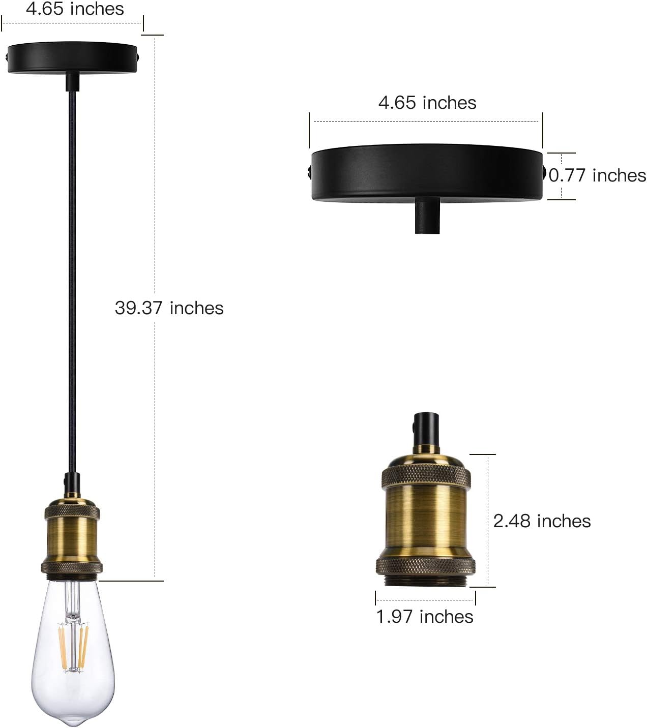 Industrial Mini Pendant Light JACKYLED Single Vintage Socket E26 E27 Lampholder Black Woven Fabric Pendant Light Cord Adjustable Hanging Light Kit - - 