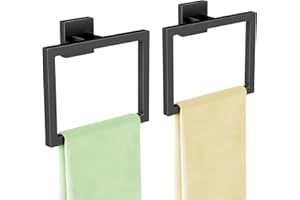 FLE 2 Pack Matte Black Hand Towel Holder, Stainless Steel Wall Mounted Hand Towel Holder for Bathroom, Modern Square Towel Ring for Bath, Kitchen, RV