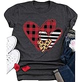 Womens Valentine's Day Funny Buffalo Plaid Leopard Love Heart Printed Shirts Short Sleeve Graphic Tees Blouse Tops