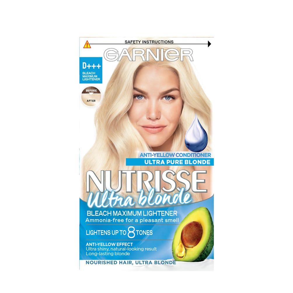 Garnier Nutrisse Ultra Bleach Hair Dye, Vegan, D3+ Cool Blonde. Delivers 100% grey coverage and 8 levels of lift. No-ammonia, vegan for a brilliant, icy cool blonde transformation.