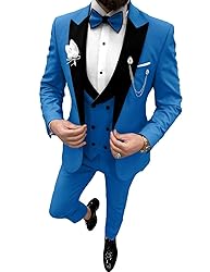 Wangyue Mens Tuxedo Suit Set Blue 3 Piece Slim Fit
