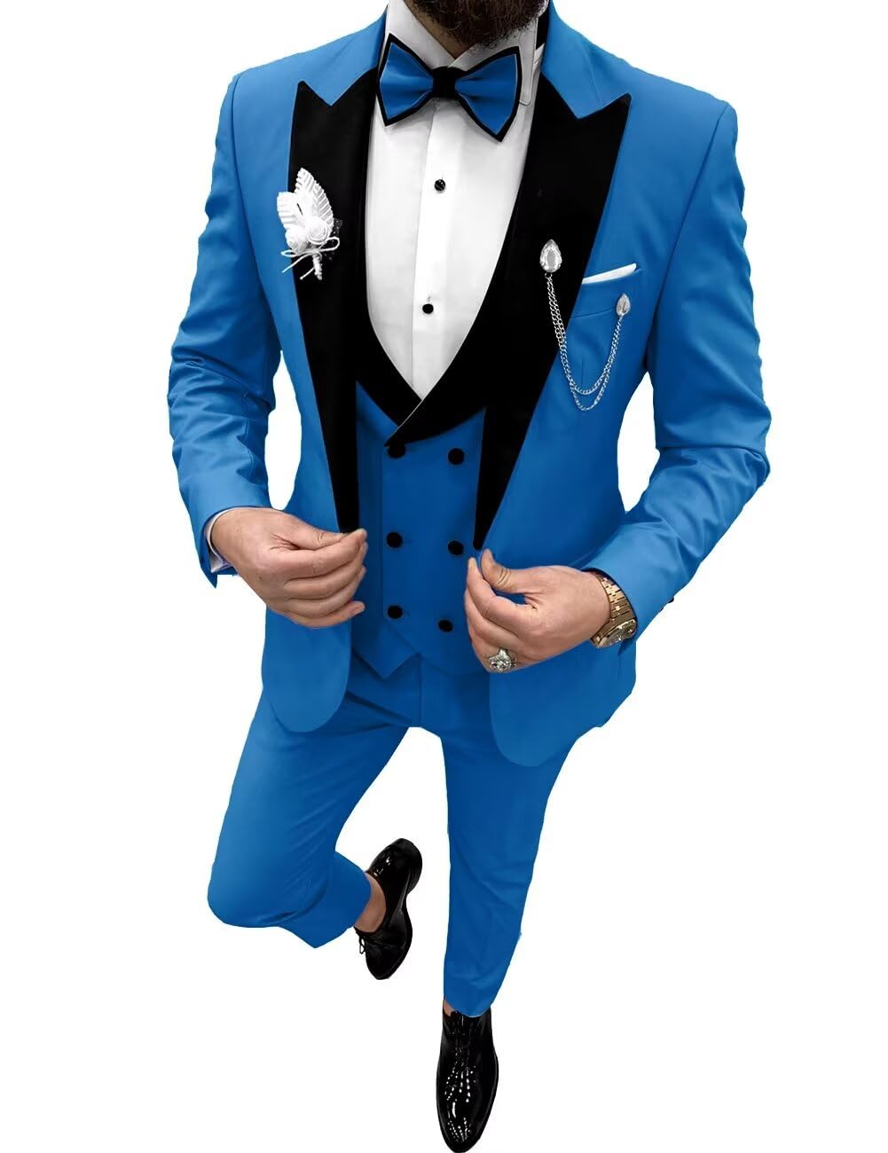 Wangyue Mens Tuxedo Suit Set Blue 3 Piece Slim Fit