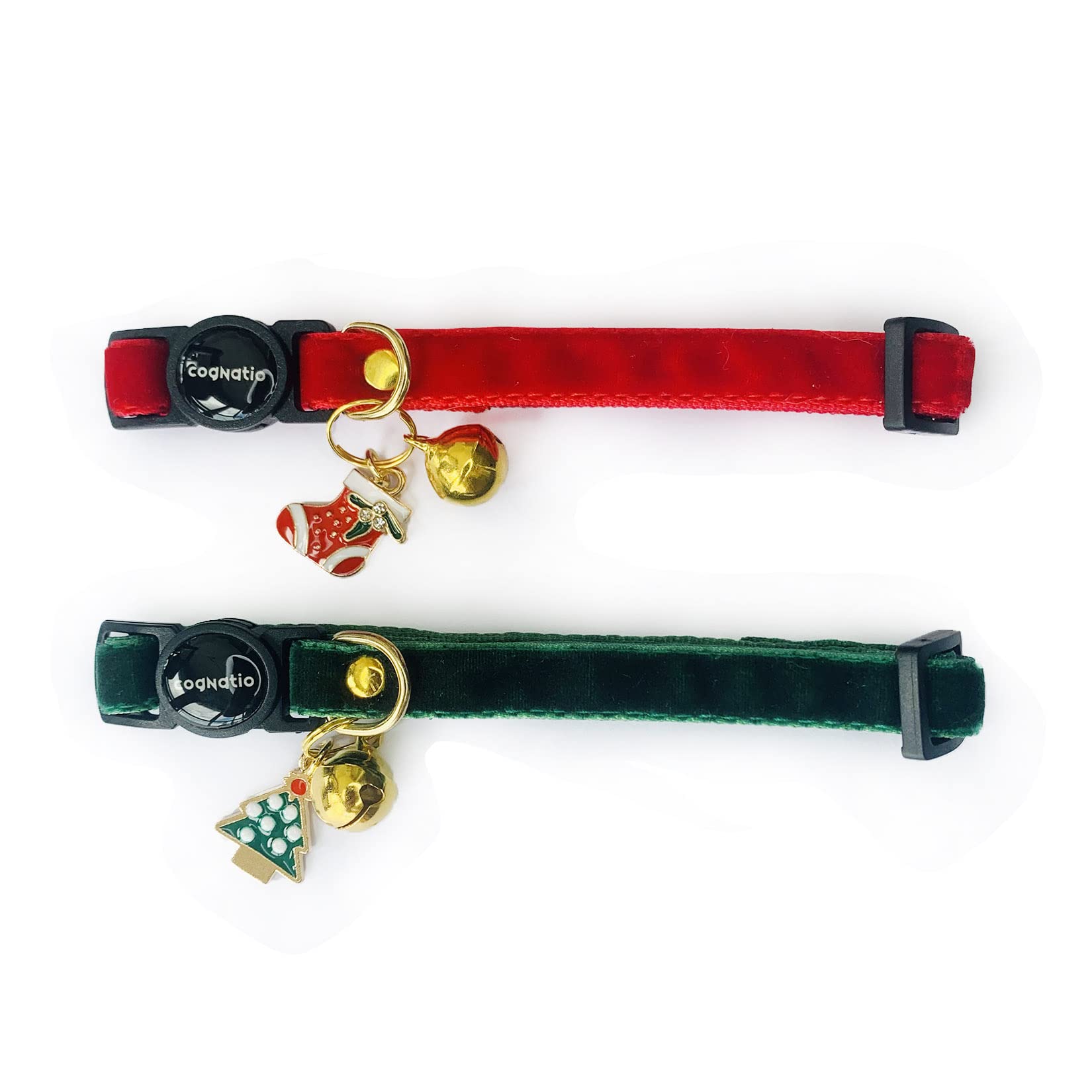 Cognatio Safety Quick Release Cat Collars,Double Velvet with Bell Available in a Range Colors,Perfect for Your Kitty (20-30 cm, Christmas Set)