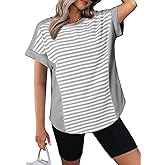 Dokotoo T Shirts for Women Striped Color Block Crewneck Short Sleeve Casual Workout Tops Loose High Low Blouses