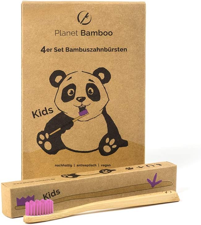 Planet Bamboo Bamboo Toothbrush in a Set of 4 for Children (Pink | Medium-Soft), Narrow Handle for Children's Hands, Natural Toothbrush in Tasteful Panda Packaging