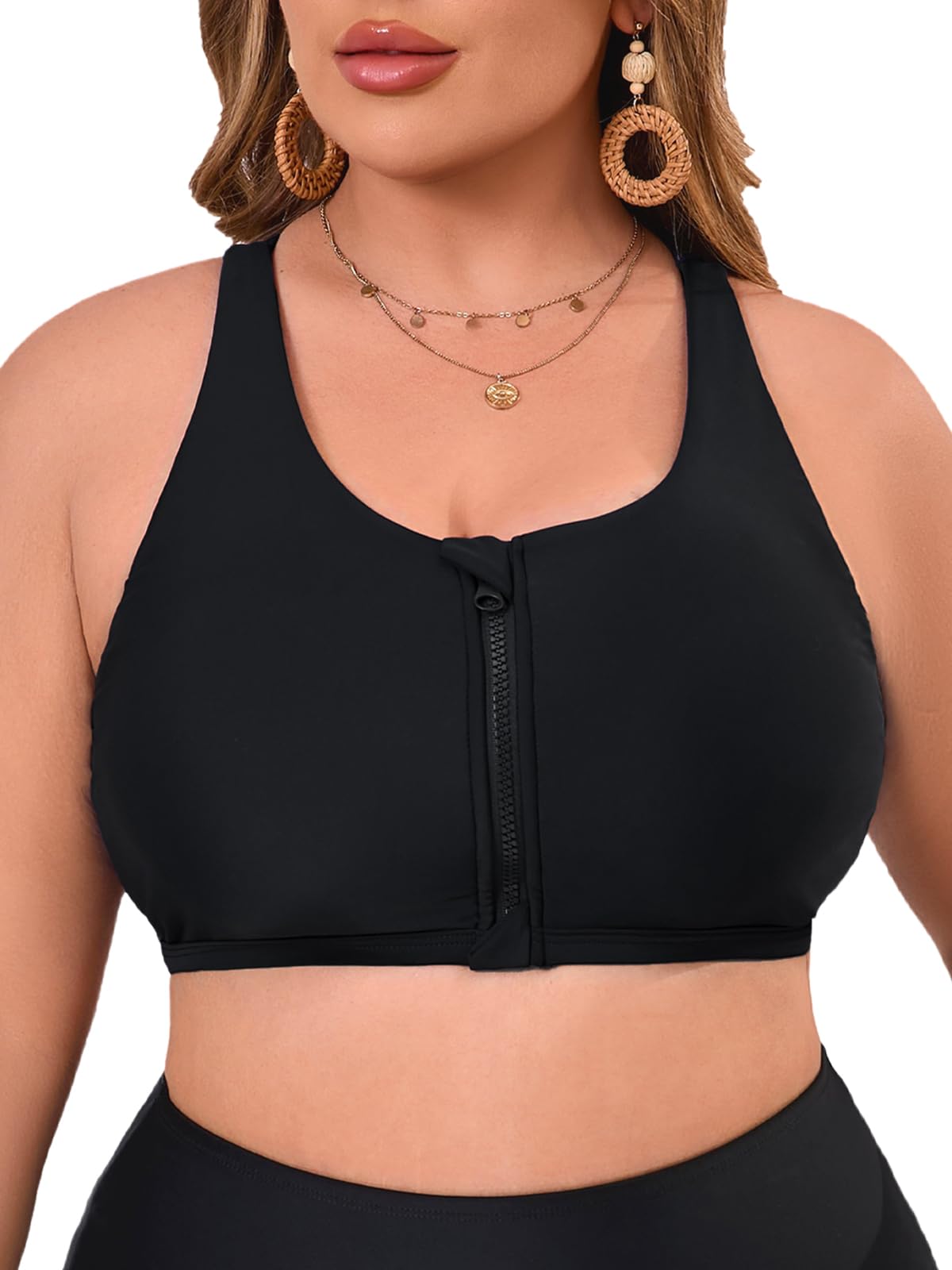 Photo 1 of Aderea Women's Plus Size Swim Tops Sports Bra Bikini Top Push Up Swim Bra Black Swimsuit Tops Zip Front Bathing Suit Top Only