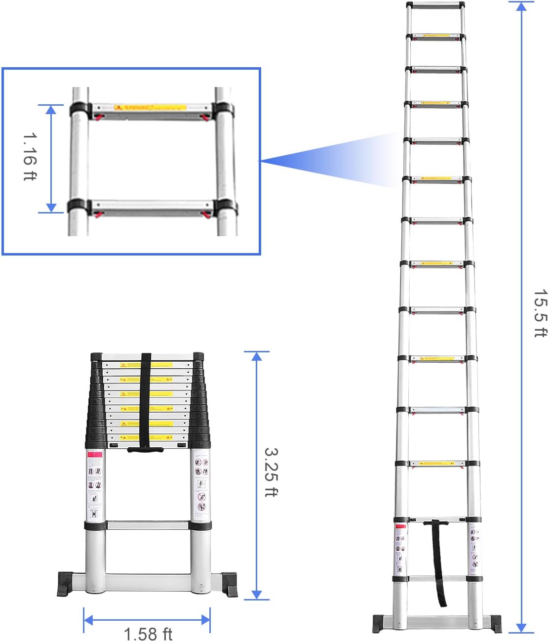Sotech 15.5 FT Aluminum Telescoping Extension Ladder with Stabilizer Bar, One Button Retraction Telescopic Collapsible RV Ladder, Soft-Close and Pinch-Free EN131 Certified, Max Load 330 lbs - - 