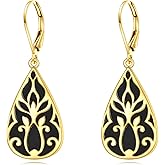 Black Onyx Earrings Sterling Silver Filigree Teardrop Black Stone Dangle Dangly Drop Leverback Earrings Boho Jewelry Gifts for Women