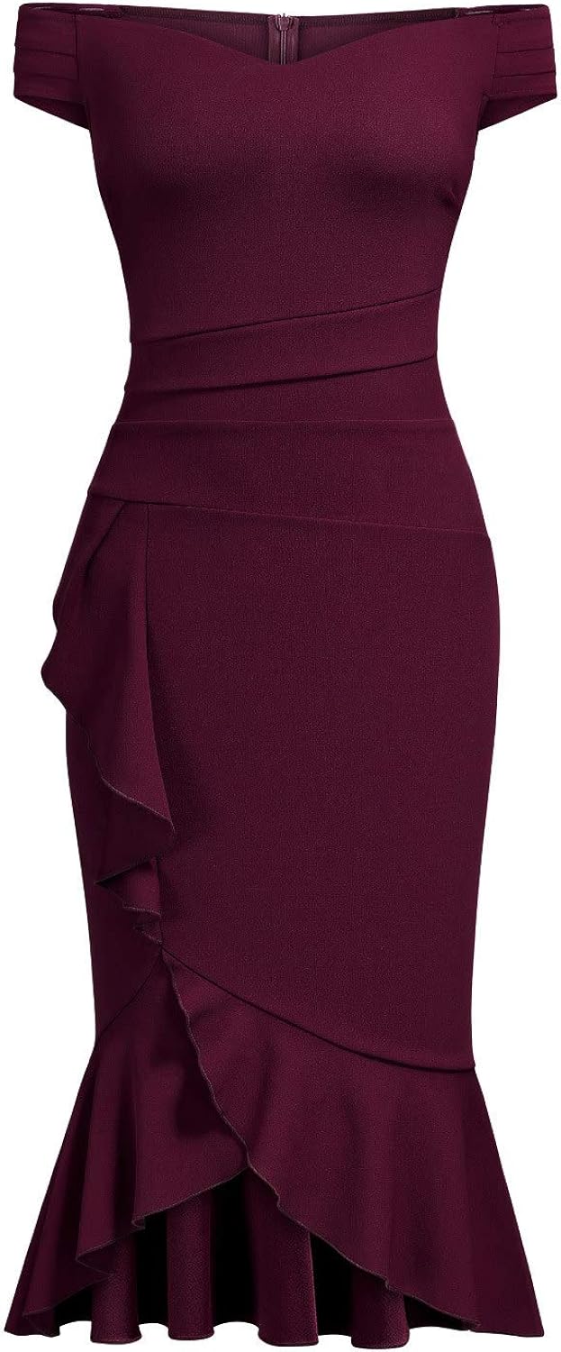 Knitee Women's Off Shoulder V-Neck Ruffle Pleat Waist Bodycon Evening Cocktail Slit Formal Dress: Clothing