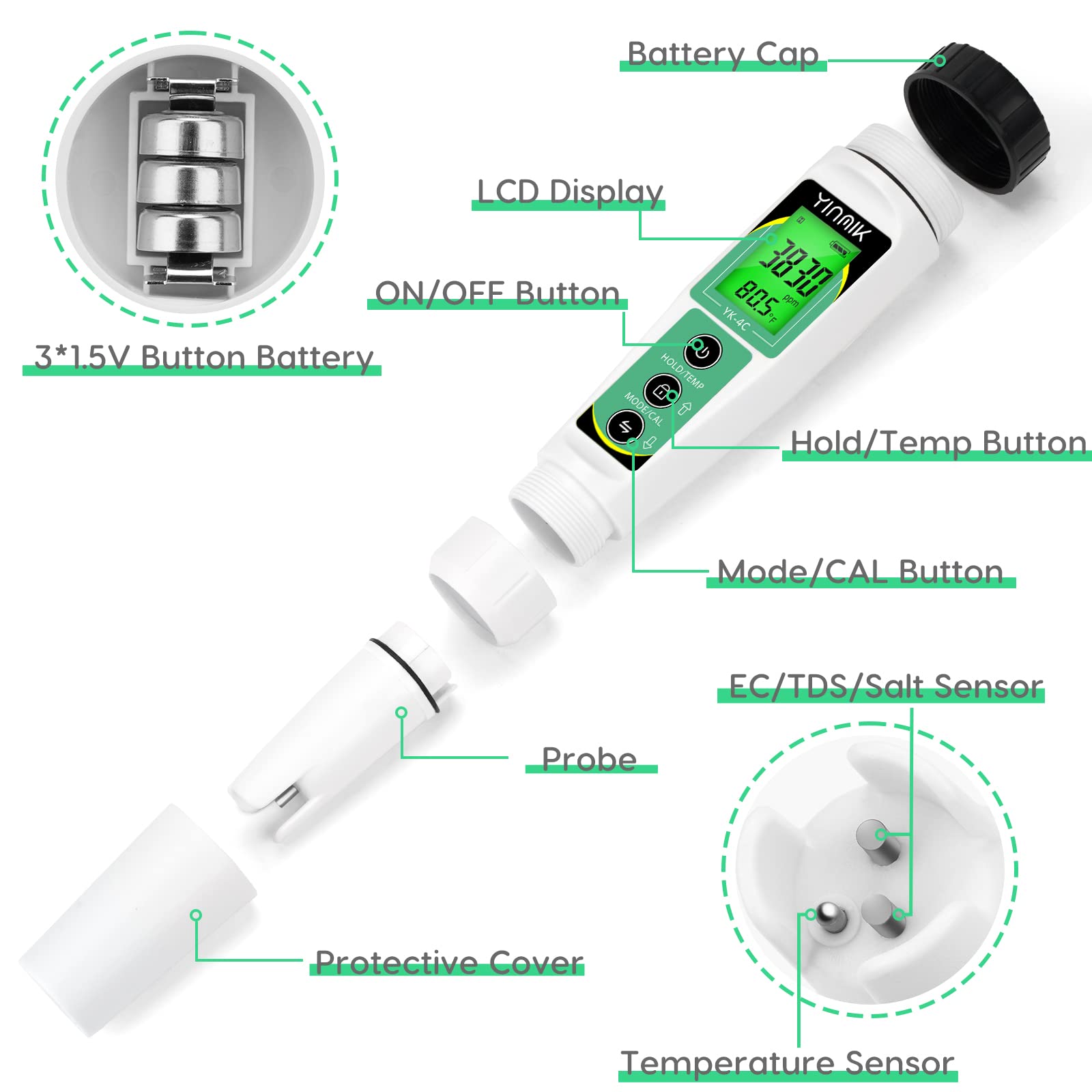 YINMIK EC Salt TDS Meter 4 In 1 Salinity Conductivity TDS Temperature ...