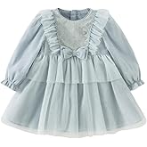 DAVE&BELLA Baby Girls Tulle Dress Long Sleeve Ruffed A-Line Princess Dress Flower Girl Embroidery Bowknot Wedding Party Dress