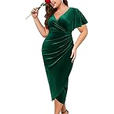 ZOMVA Plus Size Velvet Wrap Dress Ruched Bodycon Dress Long Sleeves Ruffle Long Elegant Party Wedding Guest Cocktail Holiday