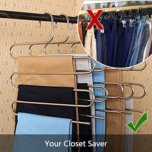 DS Pants Hangers S-Shape Trousers Hangers Stainless Steel Clothes Hangers Closet Space Saving Organizer for Pants Jeans Scarf Hanging Silver (4 Pack with 10 Clips) - Thumbnail 6