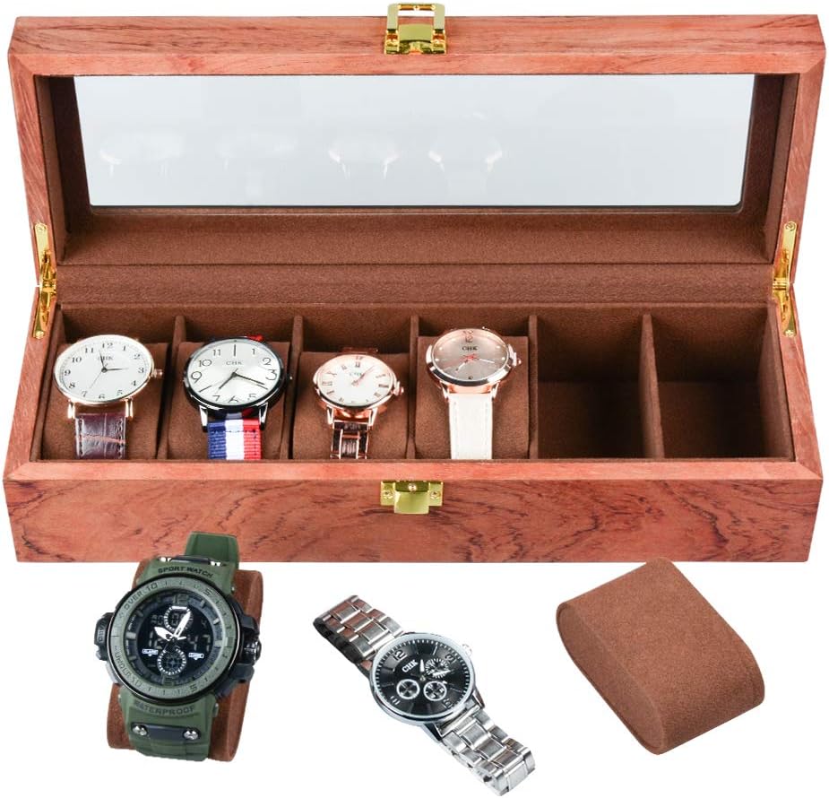 Wooden Paint Watch Box-6 Wide Watch Slots Vintage Watch Box Wooden Watch Box, Metal Buckle Watch Case for Men's Jewelry Flower Pear: Home Improvement