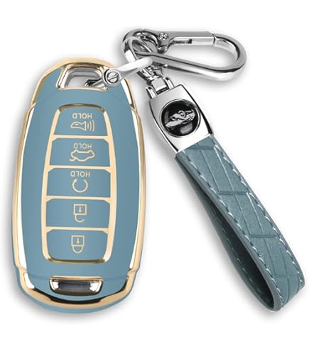WSAuto For Hyundai Key Fob Cover Soft 5 Buttons TPU Protection Case Shell With Metal Keychain Compatible With 2022 2021 2020 2019 Palisade Elantra GT Accent Kona Santa Fe Blue