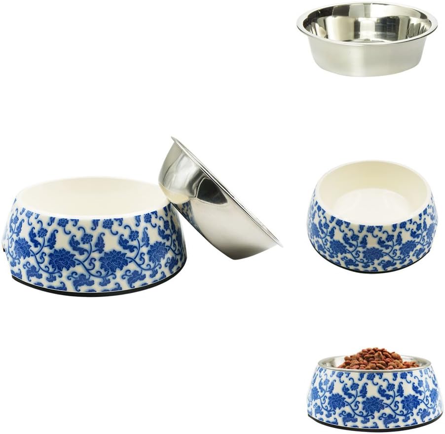 Singyep Pattern Pet Bowl Widen Anti-Slip Non-tip Rubber Cat Dog Kitten Puppy Food Water Feeder Dish (Ceramic Art, M)