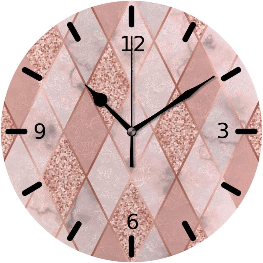 Kuizee Silent Wall Clock Tabletop ﻿Geometric Marble Pink Rhombus Marbling Modern Uncovered Creative Decoration Home Office Bedroom PVC Foam Board 10Inch