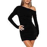 Amkoyam Women's 2025 Sexy Off Shoulder Dress Long Sleeve Bodycon Ruched Formal Cocktail Party Mini Dresses