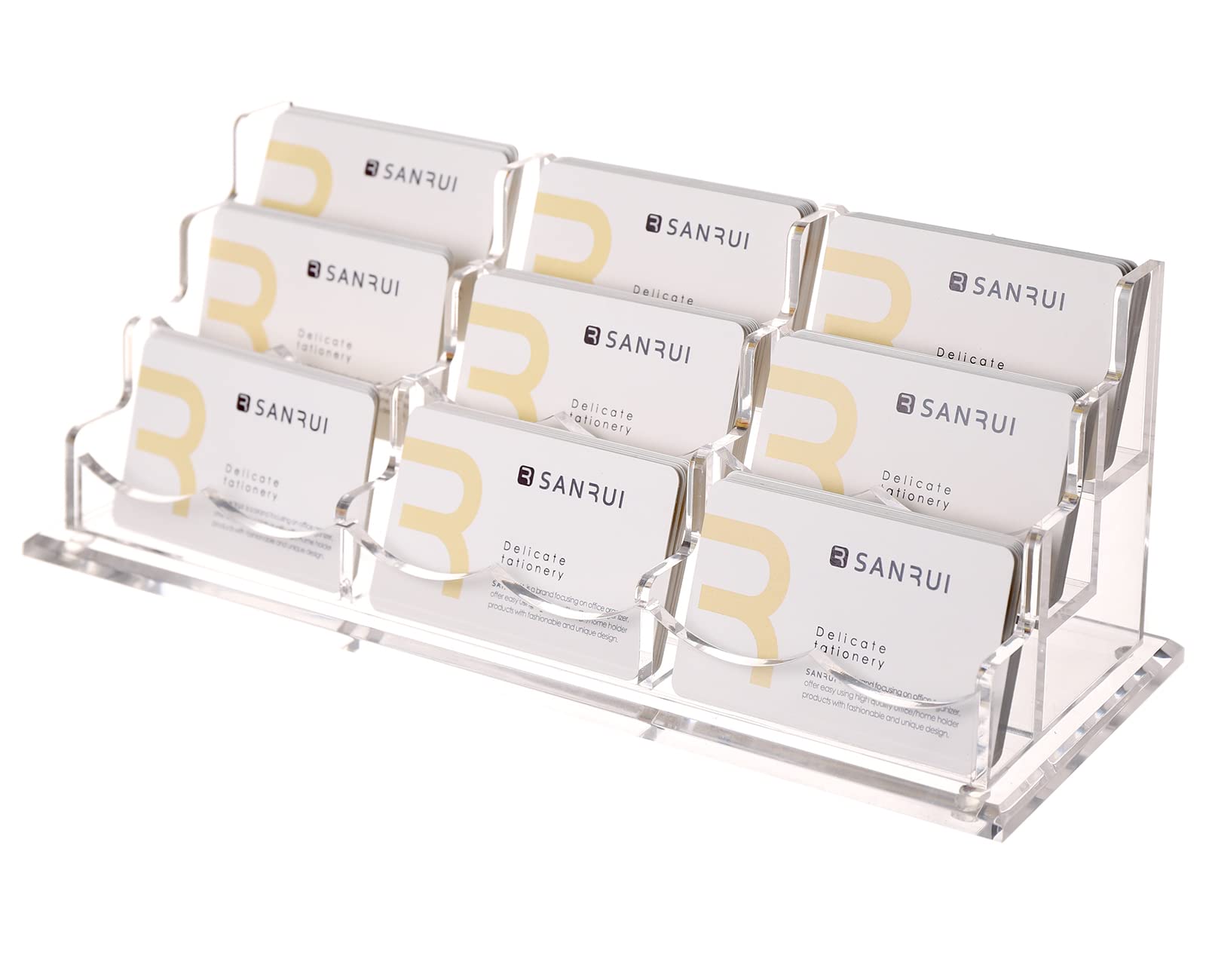 SANRUI 9 Slots Business Card Holder – 3 Tier Large Capacity Acrylic Display Stand – Clear Desktop Name Card Rack Organiser for Office Reception, Trade Shows & Counters (32 x 11 x 11 cm)