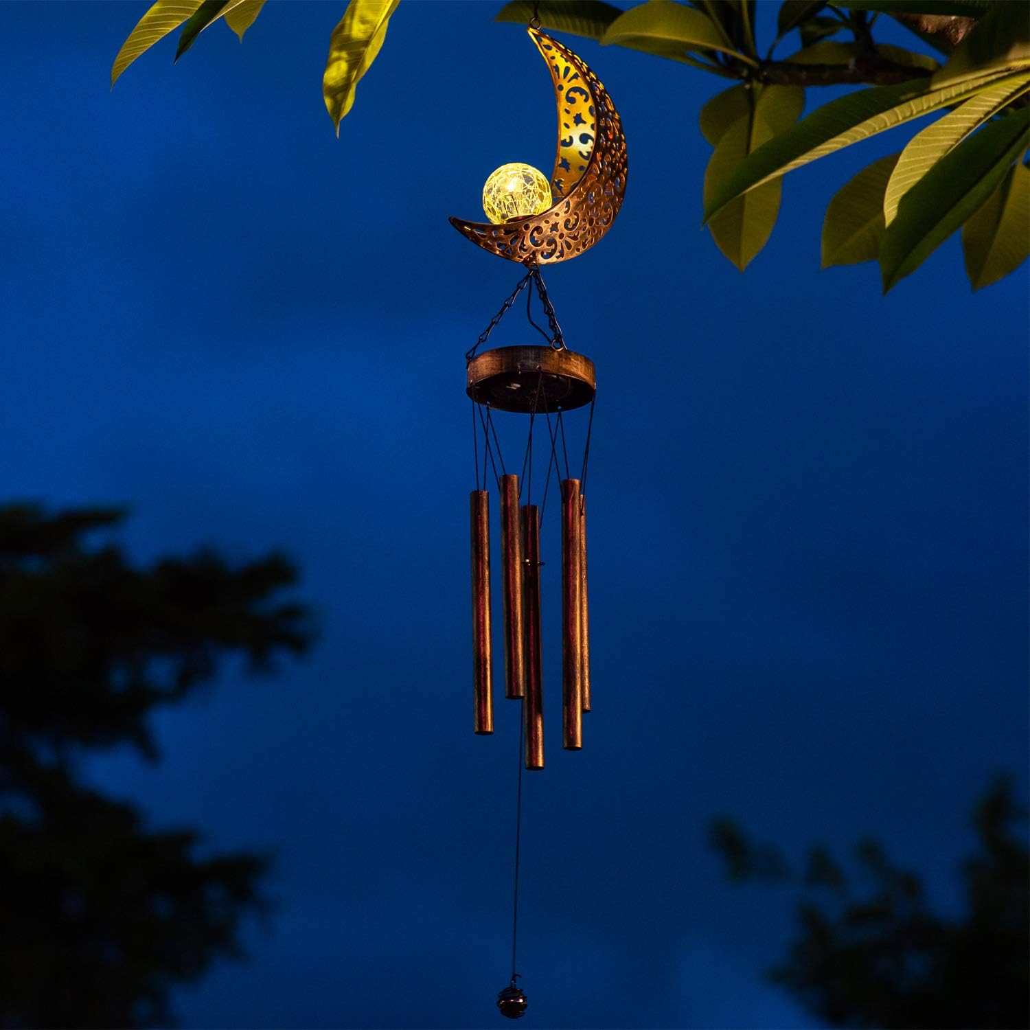 LeiDrail Solar Wind Chimes for Outside Hanging Outdoor Decor Moon Crackle Glass Ball Warm LED Light Sympathy Wind Chime Unique Memorial Gift with Metal Tubes Waterproof for Garden Yard Patio Lawn : Garden & Outdoor