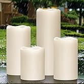 Eldnacele Waterproof Flameless Flickering Candles with 6 Hours Timer, Indoor Outdoor White LED Plastic Battery Operated Pillar Candles Pack of 4 Wedding Dinner Home Decor, D3”x H4” 5” 6” 8”