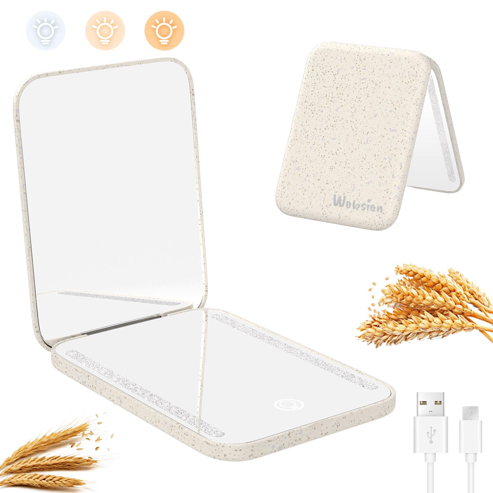 WOBSION Travel Makeup Mirror with Light Rechargeable, Small Compact Mirror for Pocket and Handbag, Natural Wheat Straw Fiber Led Mirrors, 1x/3x Magnifying, Gifts for Women and Girls, Beige
