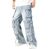 Rexcyril Men's Baggy Cargo Jeans Ripped Distressed Hip Hop Wide Leg Loose Fit Multi-Pockets Denim Pants