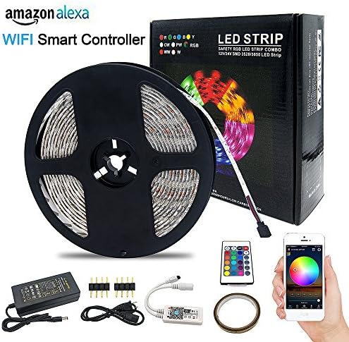 Wifi LED Lights Strip Kit, Neraon Wirelless Remote Controller, 12V Power Adapter, 16.4ft 300LEDS 5050 RGB Waterproof IP65 Strip Lihgt, Rope lights Fixing Clips, Support for Android, IOS and Alexa