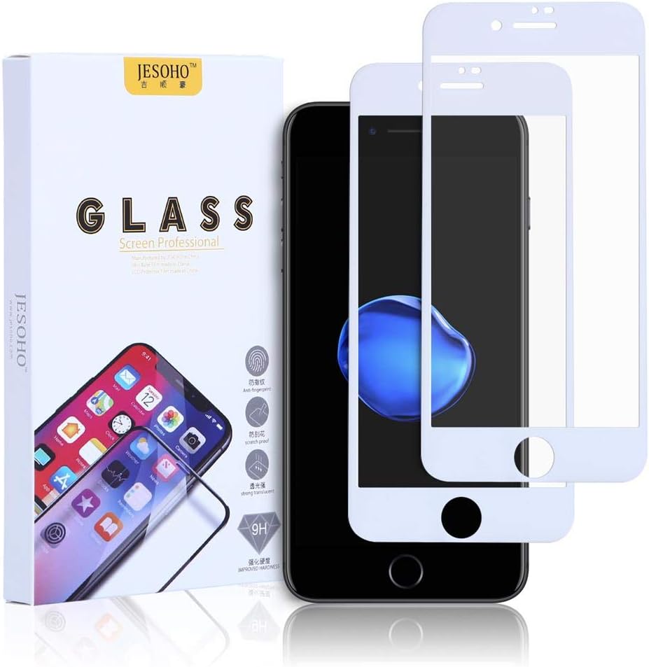 JESOHO Tempered Glass Screen Protector for iPhone 7 & 8 White (2 Packs), 3D Edge,Edge to Edge,Full Coverage, 3D Touch, HD Clear Film, 9H Hardness, Anti-Scratches, Anti-Fingerprint
