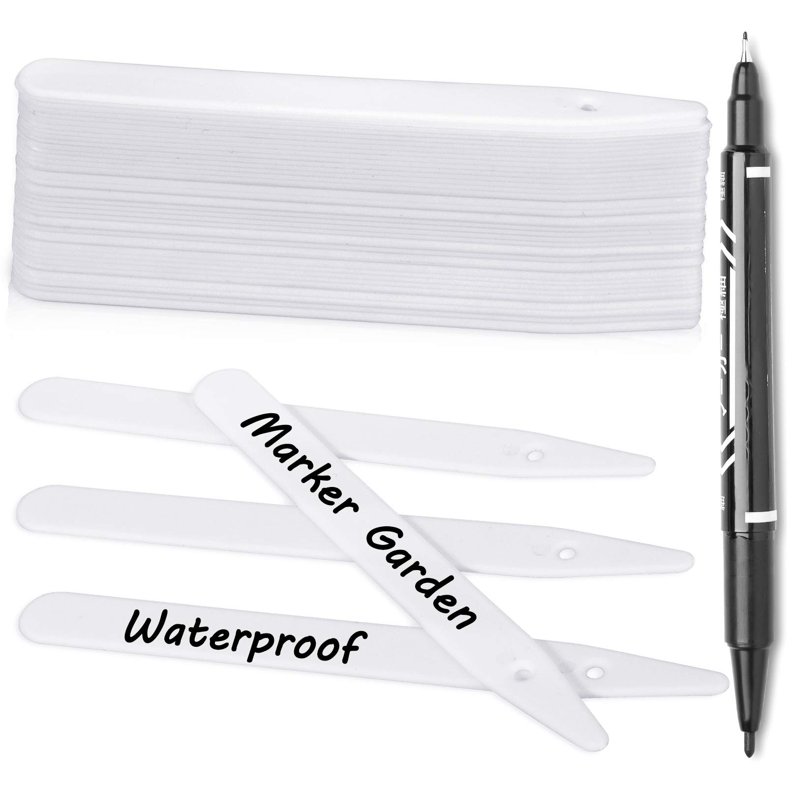 Whaline 100Pcs Thick Plastic Plant Label with Hole, White Waterproof Garden Stake Tags with 1 Marker Pen and A Roll of Twine(6 Inch)