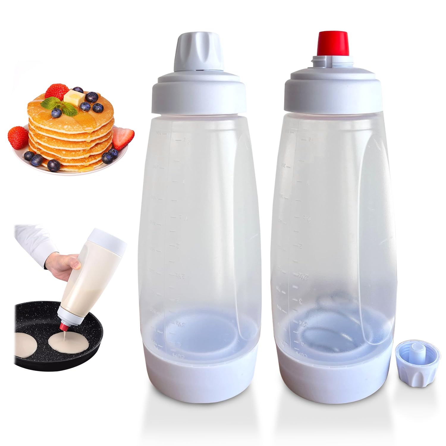 Photo 1 of 2 Packs of Pancake Batter Dispenser,1000ml Squeeze Pancake Dispenser Mixer Bottle with Stainless Steel wire whisk Ball,Suitable for Pancakes Crepes Waffle Muffins Qatayef Cupcak