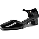 Coutgo Womens Chunky Low Heels Dress Shoes Ankle Buckle Strap Square Toe D'Orsay Pumps Work Party Shoes