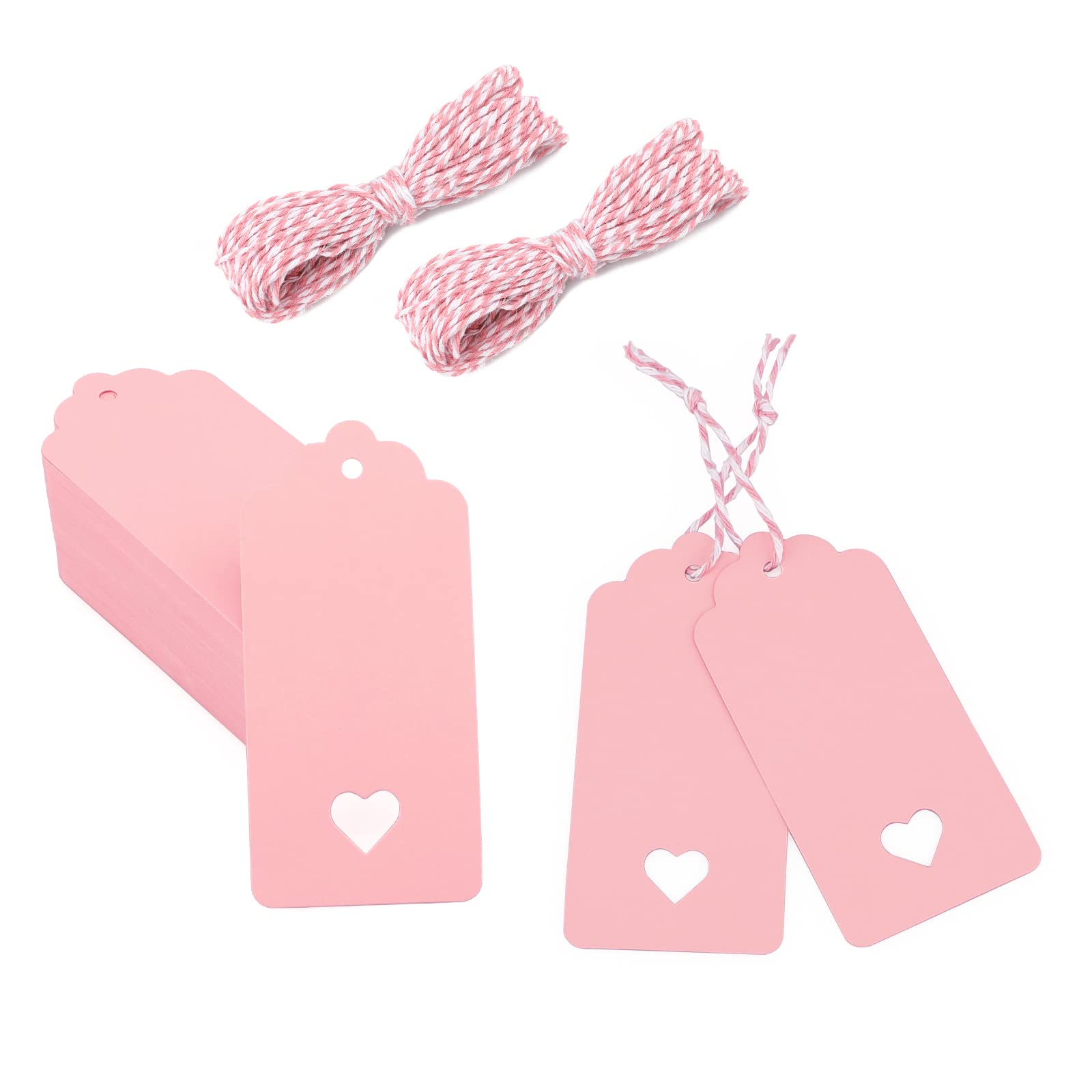 Pink Kraft Paper Gift Tags - 100PCS, 4cm x 9cm Lovely Hollow Heart Wedding Favor Name Cards With 20M Red White Cotton String for Luggage and DIY