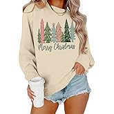 Christmas Sweatshirts for Women Merry and Bright Christmas Tree Graphic Long Sleeve shirts Xmas Holiday Party Pullover Tops