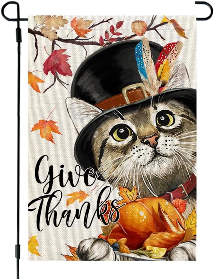 Flags - CROWNED BEAUTY Thanksgiving Cat Garden Flag 12x18 Inch Double Sided for Outside Welcome Small Burlap Turkey Give Thanks Holiday Yard Flag CF1281-12