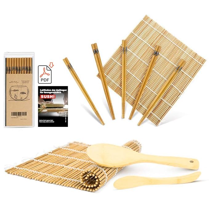 MUDEELA Sushi Set, Bambus Sushi Matte, karbonisierte Sushi Rollmatte, Anfänger Sushi Kit, 2 Rollmatten - 5 Paar Essstäbchen -