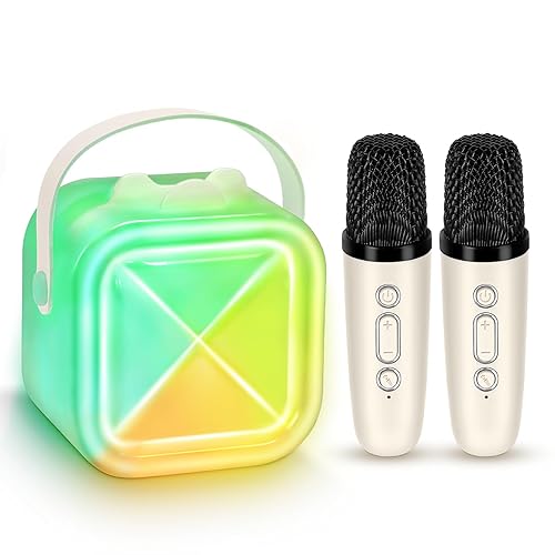 Karaoke Machine 2 Microphones for Kids Adults,Mini Karaoke Microphone Kids Microphone Portable Bluetooth Speaker Player Gifts Toys for Girls 4, 5, 6, 7, 8, 9, 10 +Year Old Birthday Home Party (White)