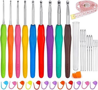 ZGTS Crochet Hooks Set 9pcs Aluminum Ergonomic Handles with Tape and Markers