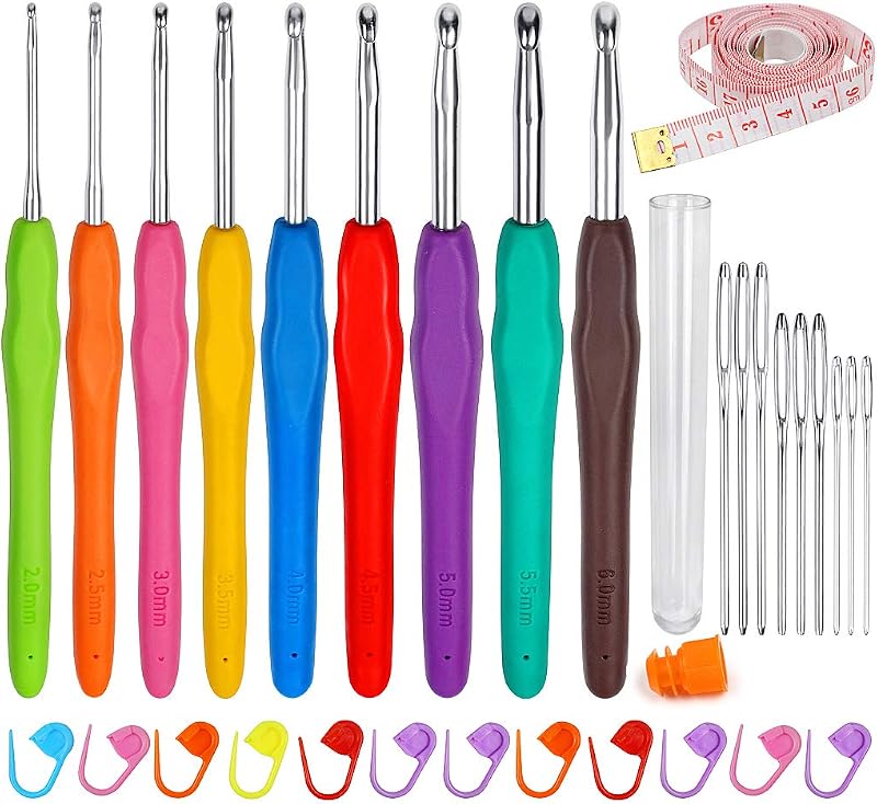 ZGTS Crochet Hooks Set 9pcs Aluminum Ergonomic Handles with Tape and Markers