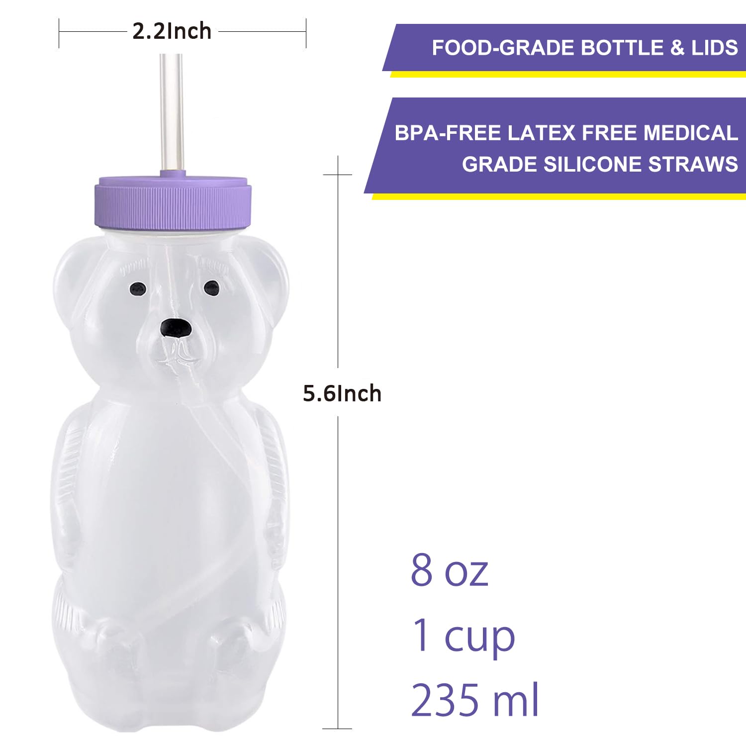 Honey Bear Straw Cups, Juice Bear Bottle Drinking Cup Long Straws with 4 Flexible Straws & Cleaning Tools, 8-Ounce Therapy Sippy Bottles for Speech and Feeding Training, Food-Grade & BPA Free 2 Pack