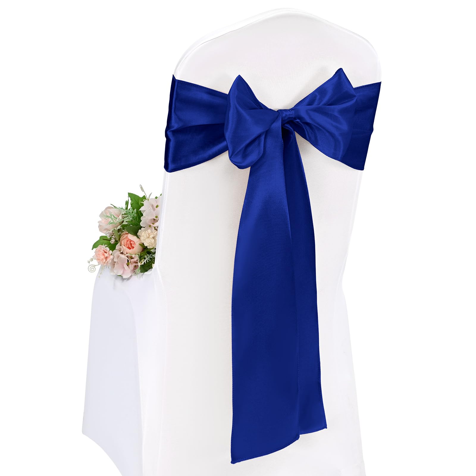 Pesonlook 50 Pcs Royal Blue Chair Sashes, Satin Chair Cover Bands 7X108 Inch Chair Sashes Bow Back Tie Ribbon For Wedding Party Hotel Decorations (17X275 CM)