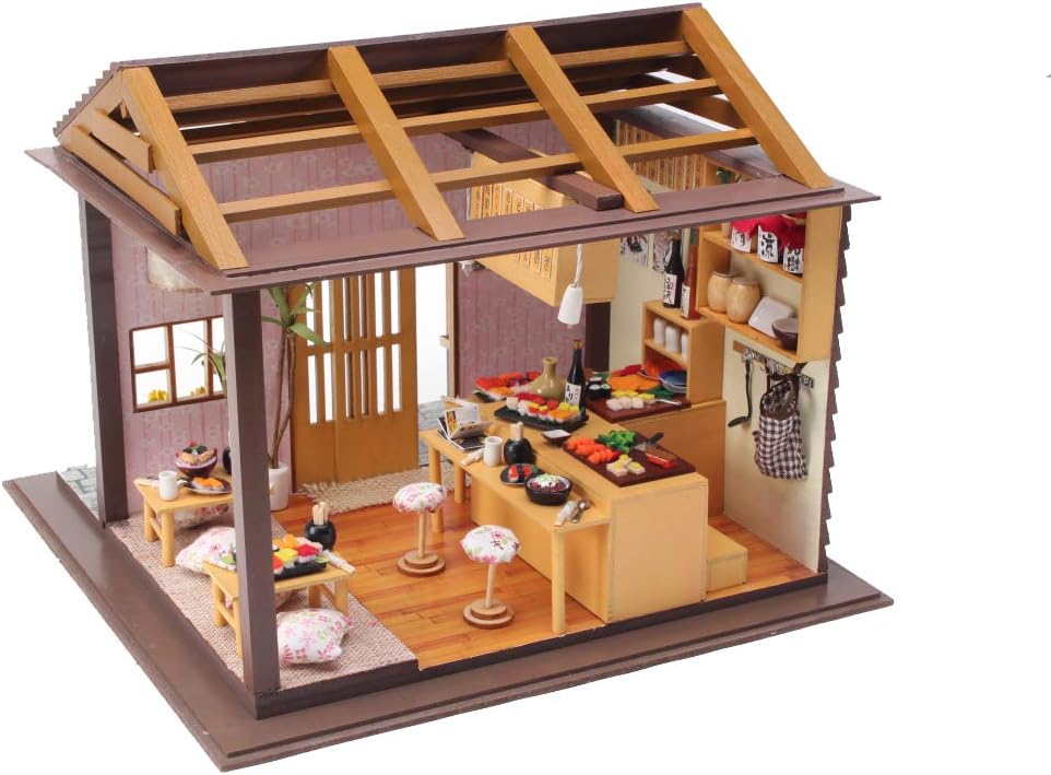 Cool Beans Boutique Miniature DIY Dollhouse Kit Wooden Japanese Sushi Shop with Musical Mechanism and Dust Cover - Architecture Model kit (English Manual)