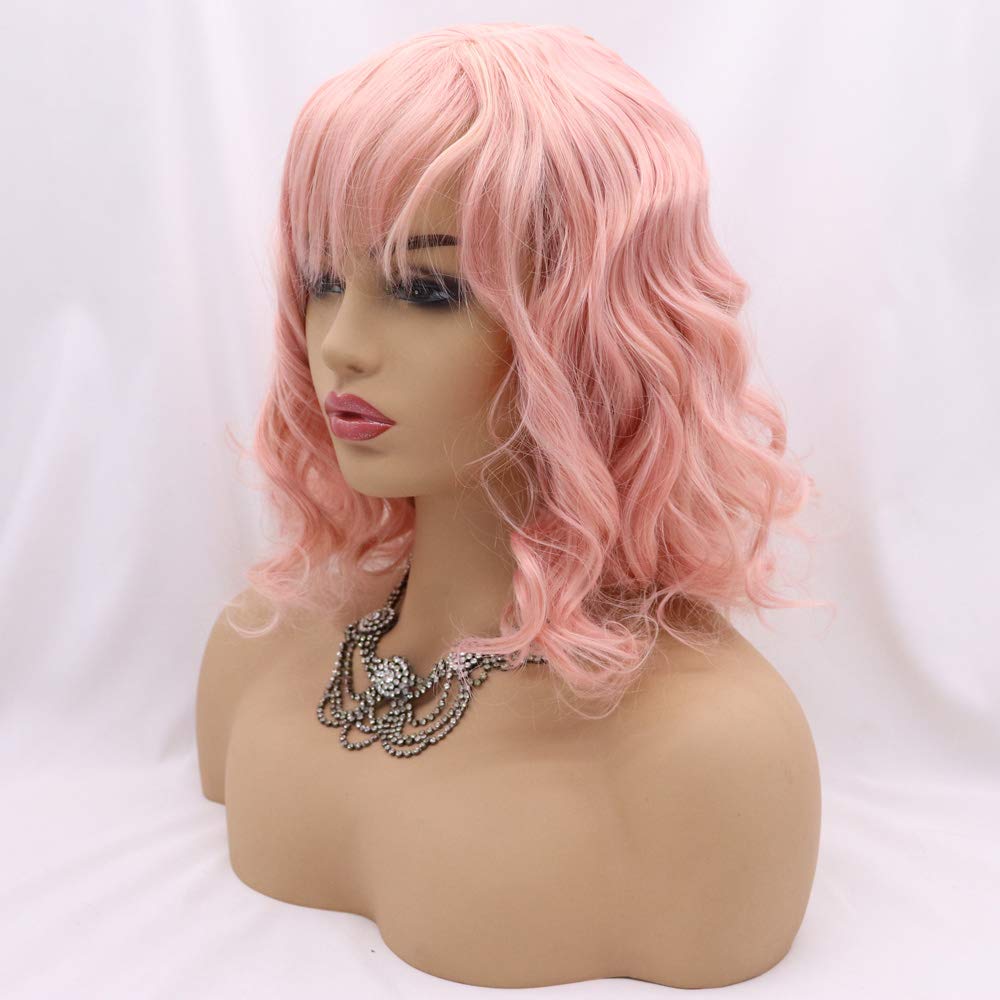 Xiweiya Wigs Short Curly Bob Wig With Air Bangs Pose Pink Hair Pastel Bob Synthetic Wave Heat Resistant Fiber Wigs Middle Parting for Women, Drag Queen Cosplay Makeup14 inch — image 1