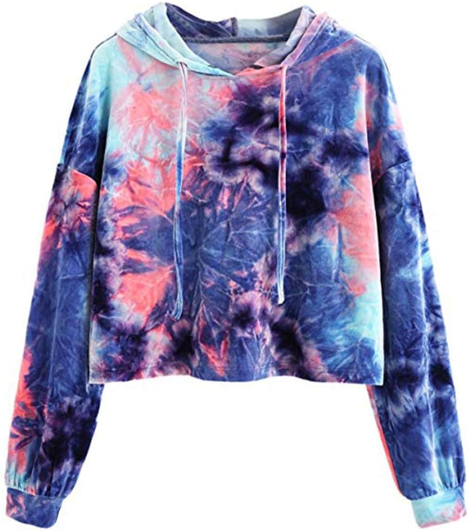 Hoodie Crop Tops for Women Tie Dye Long Sleeve Sweatshirt Pullover Blouse