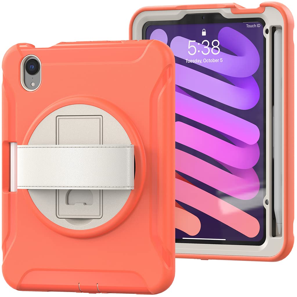 iPad Mini Case for iPad Mini 6th Generation 8.3 inch Shockproof TPU Case with Leather Hand Strap 360° Rotating Stand and Pen Slot Orange