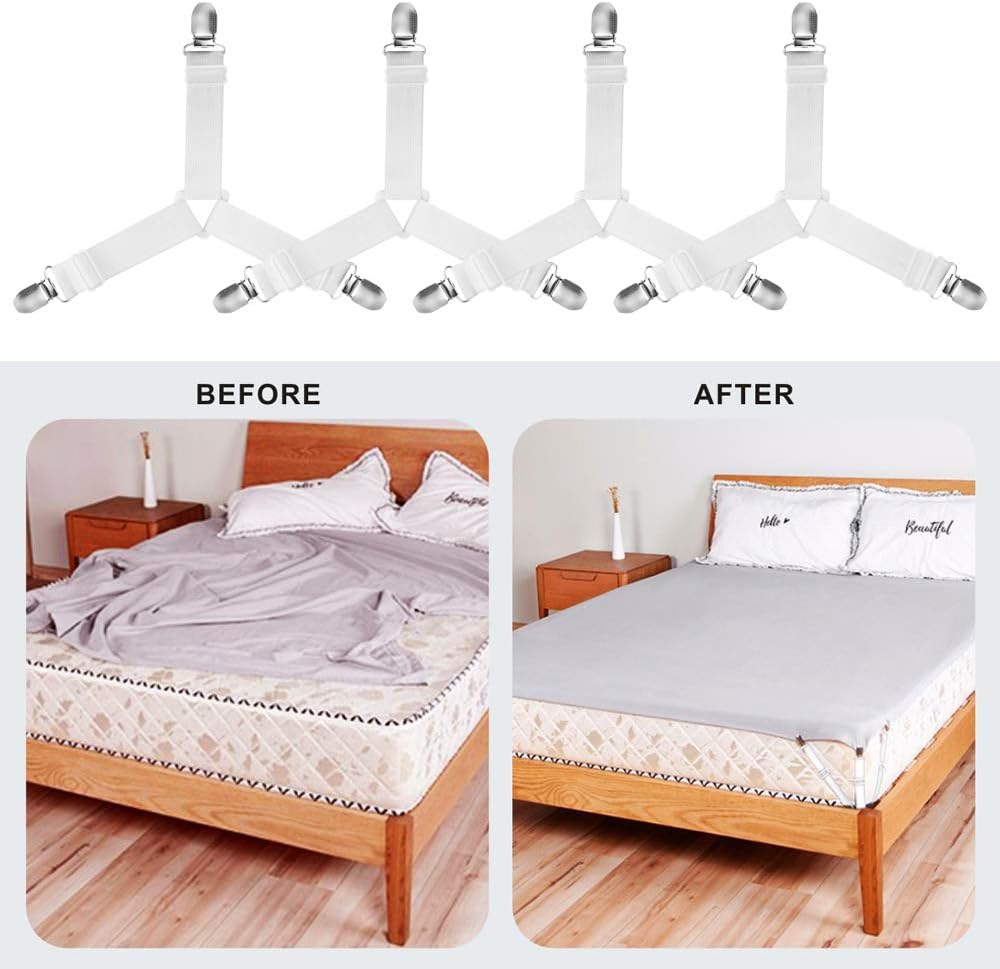 Tomata Adjustable Bed Sheet Fasteners, Triangle Non-Slip Elastic Holder Straps Corner Clips with Heavy Duty Grippers Clips (Set of 4 - White): Home & Kitchen
