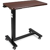 Vaunn Medical Electric Overbed Table Bedside Height Adjustable Table with Wheels (Electric-Powered, Hospital and Home Use) - Brown (Organic Modern)