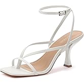 Carcuume Womens Kitten Heels Square Toe Thong Strappy Ankle Strap Stiletto Heel Sandals