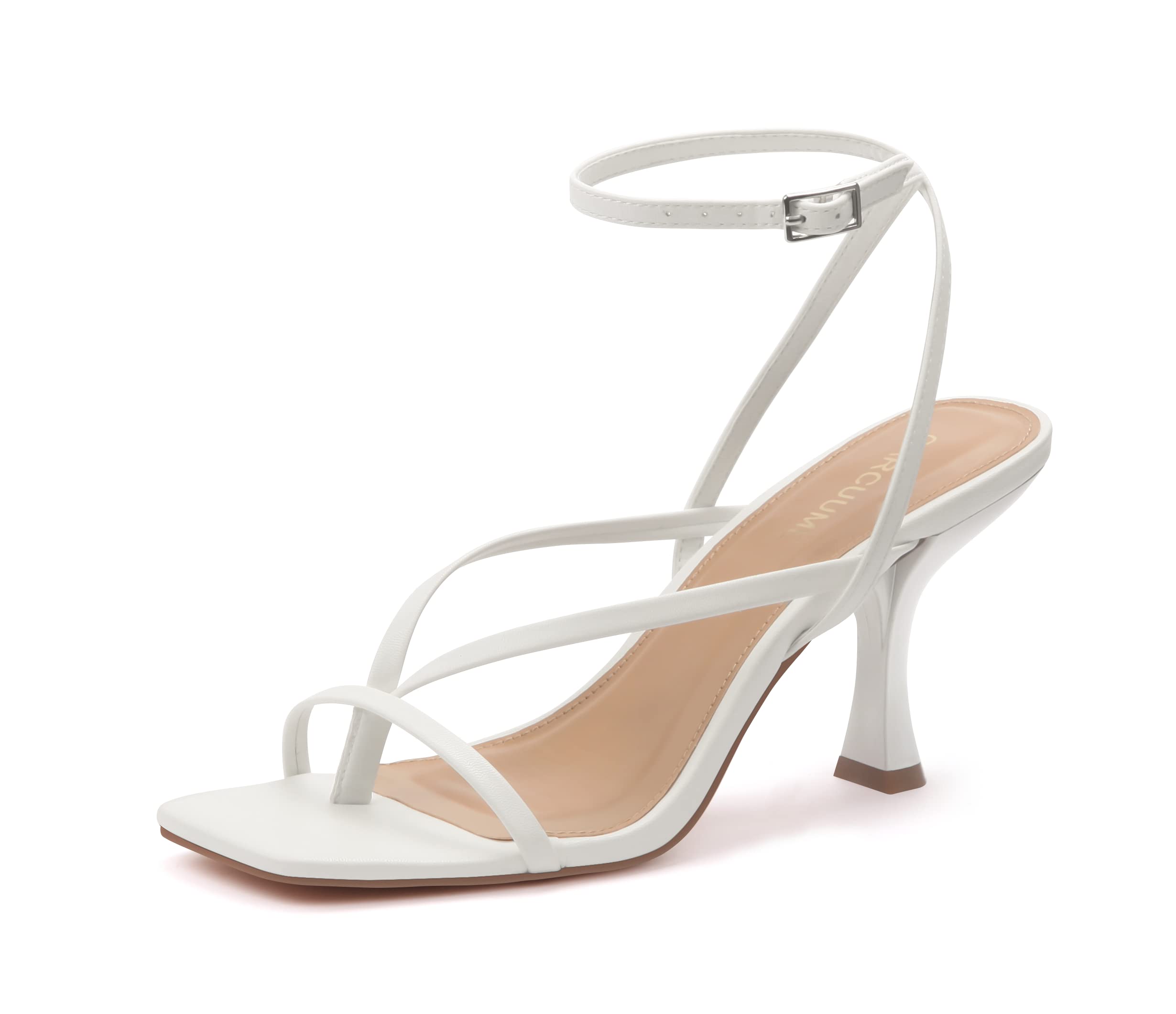 Photo 1 of Carcuume Womens Kitten Heels Square Toe Thong Strappy Ankle Strap Stiletto Heel Sandals,CAMILE-WHITE PU-8